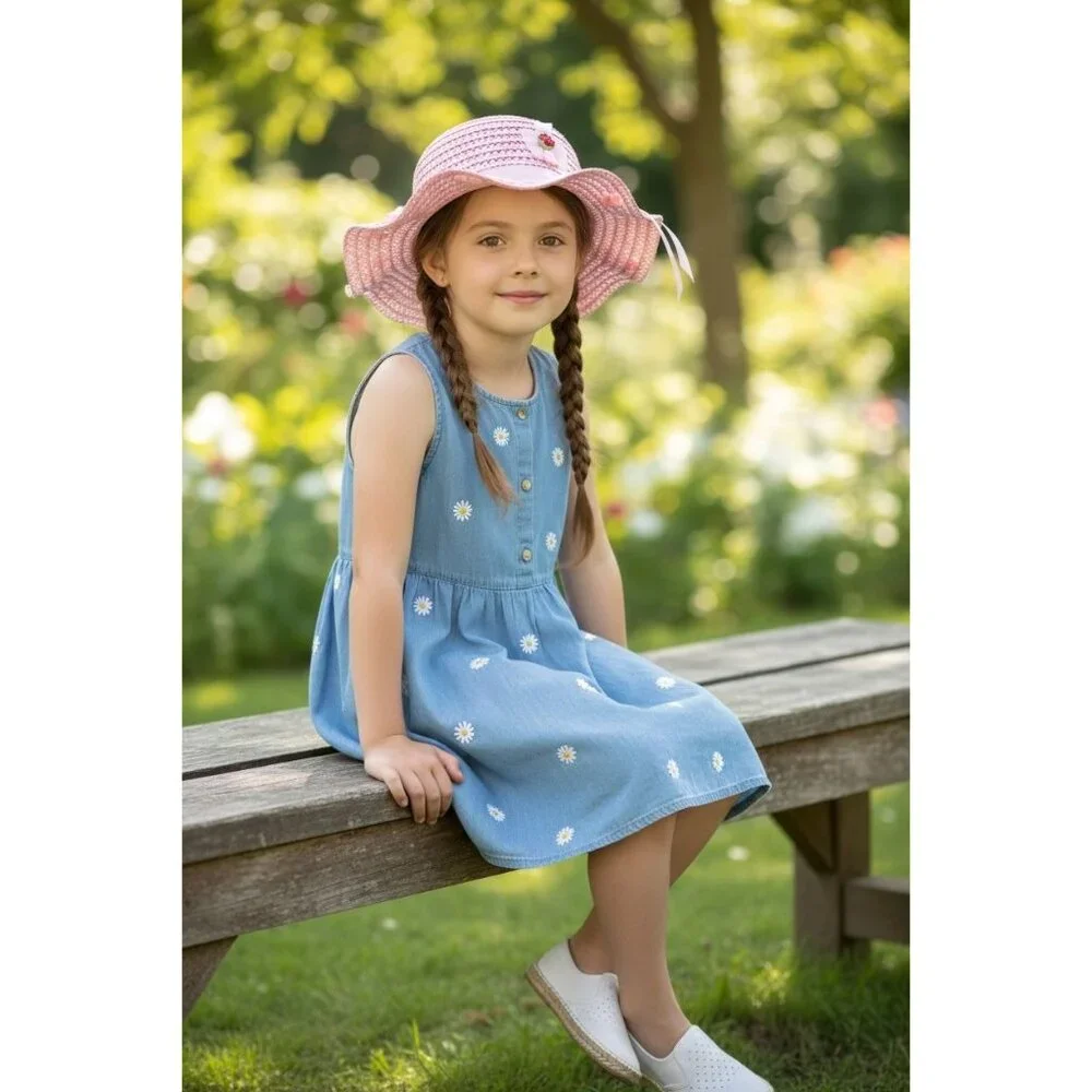 Pink Straw Set of 10pcs Sun Hat For Girls With Ribbon Bow & Floral Accents, Ligh